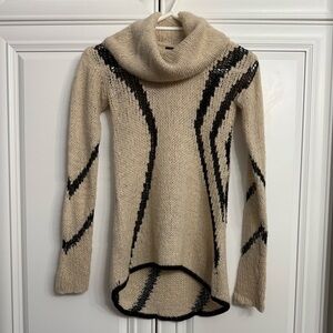 Dex Sz Small Open Stitched Ribbon Knit Sweater Cream w/ Black Cowl Neck Hi-Low